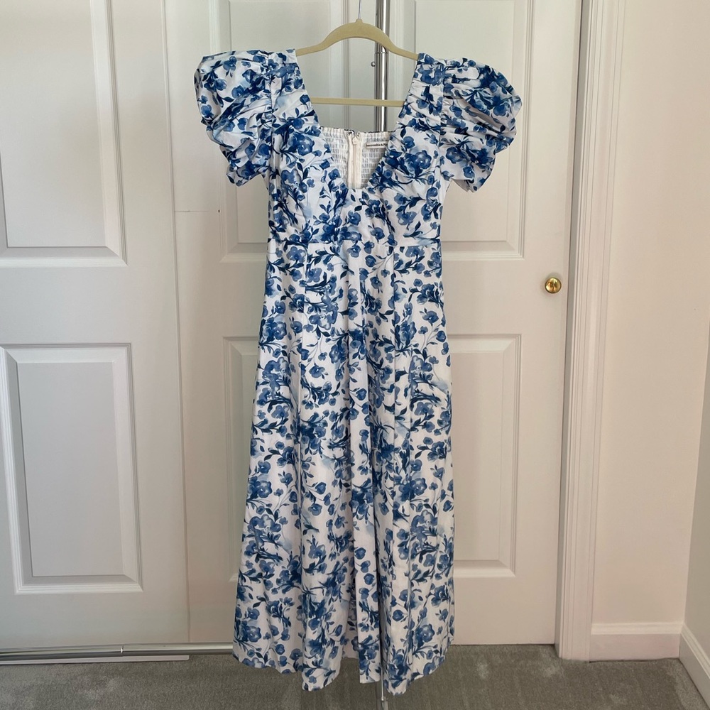 Abercrombie & Fitch Blue and White Puff Sleeve Midi Sundress XS